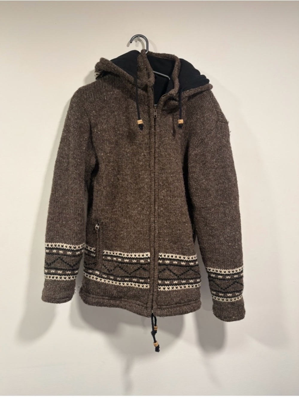 Men's Brown Hooded Zip Sweater with Nordic Trim